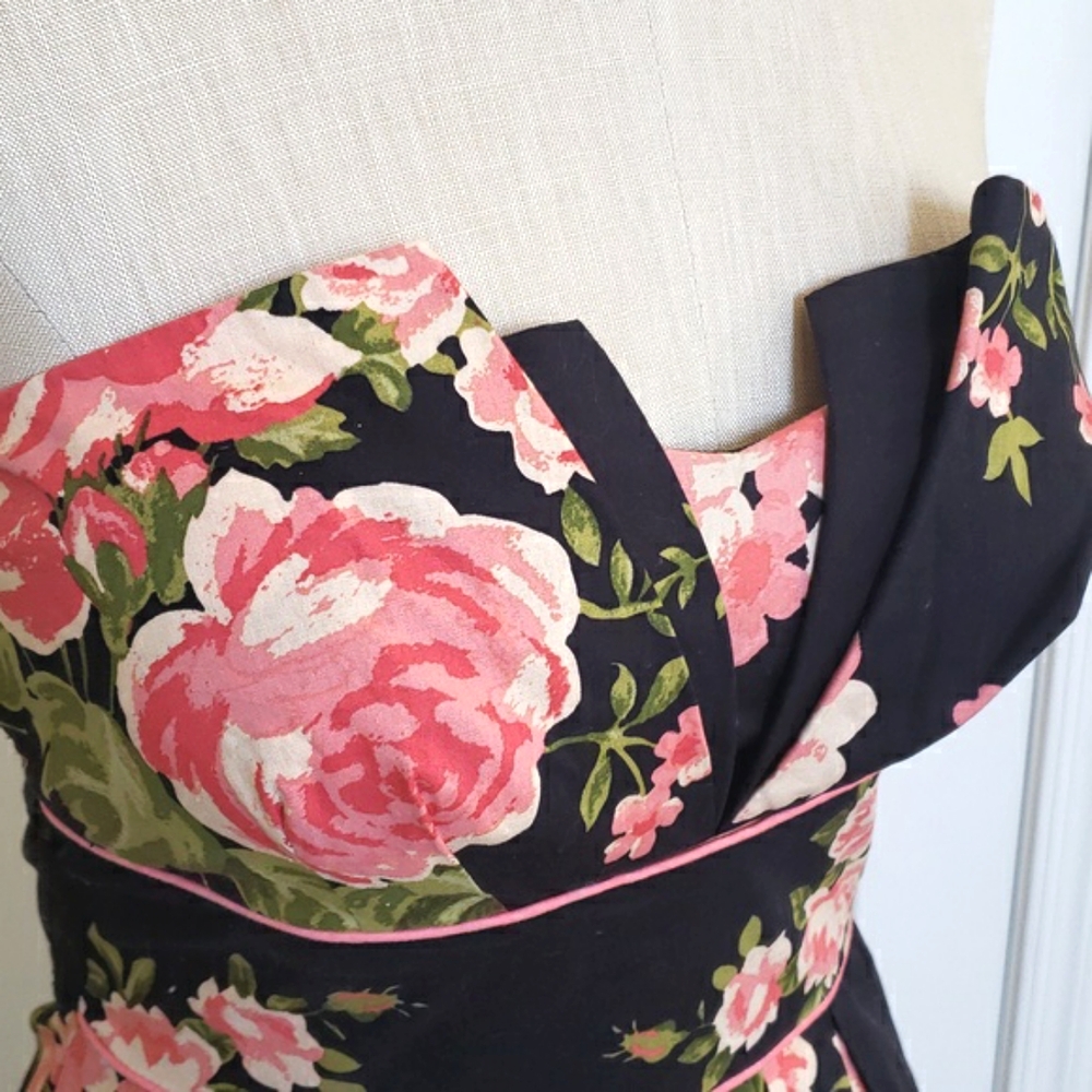 Vintage 90's Strapless Black Coral Pink Floral Dress Romantic Cottagecore | XS - Picture 7 of 12